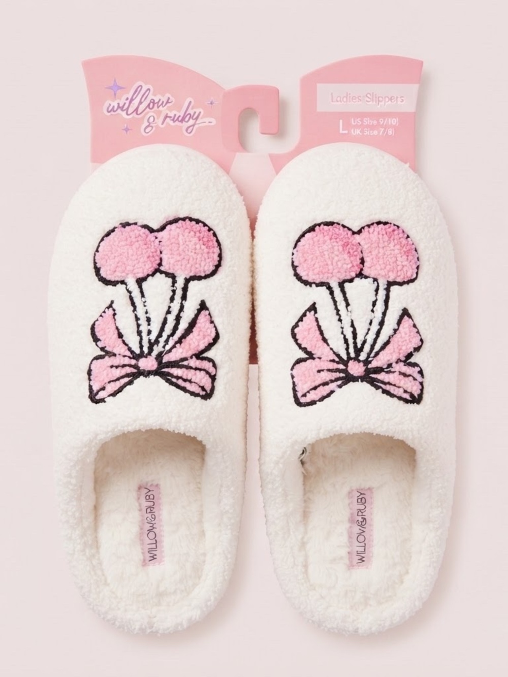 NWT Women's Pink White Pom-Pom Bow Slippers